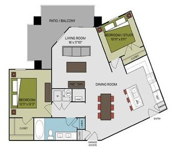 A floor plan of a house with a living room, dining room, bedroom, and bathroom.