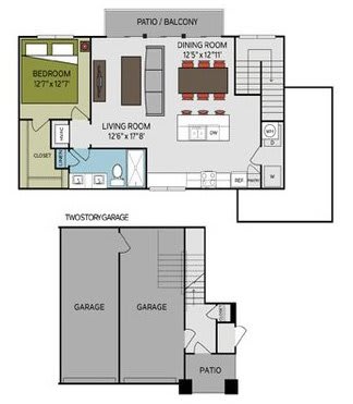 A floor plan of a two-story house with a garage on the first floor and a living area on the second floor.