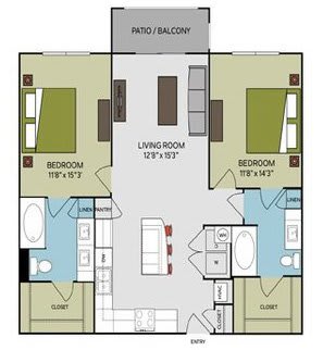 A floor plan of a two bedroom apartment with a living room and a balcony.