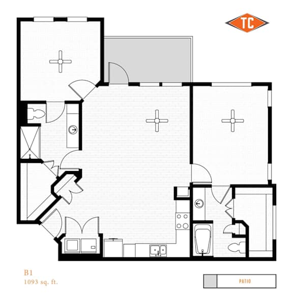 A black and white floor plan of a property labeled B1, 1093 sq. ft.