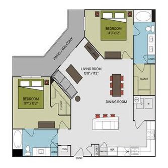 A floor plan of a house with a living room, dining room, and two bedrooms.