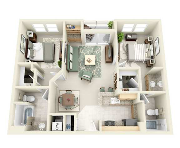 A top-down view of a small apartment with a kitchen, living room, and bedroom.