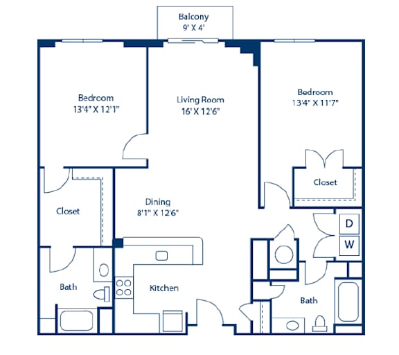 A blueprint of a house layout with a balcony, two bedrooms, a living room, a dining area, a kitchen, two bathrooms, and two closets.