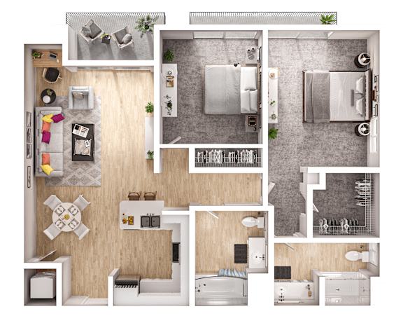 A detailed floor plan of a small apartment with a kitchen, living room, and two bedrooms.