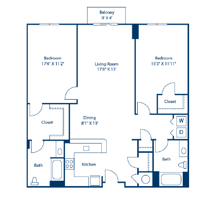 A blueprint of a house layout with a balcony, three bedrooms, a living room, a dining area, a kitchen, two bathrooms, and a closet.