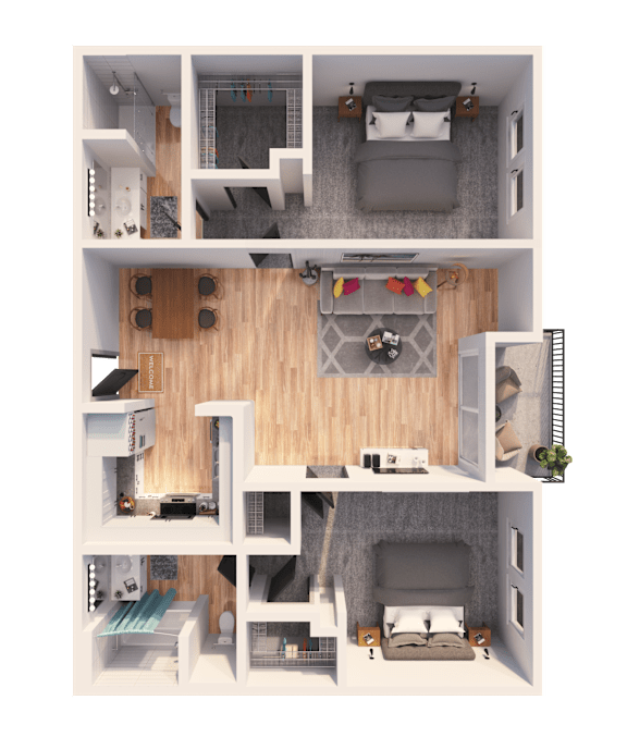 A 3D floor plan of a small apartment with a kitchen, living room, and bedrooms.