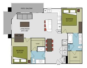 A floor plan of a house with a living room, two bedrooms, a bathroom, and a closet.