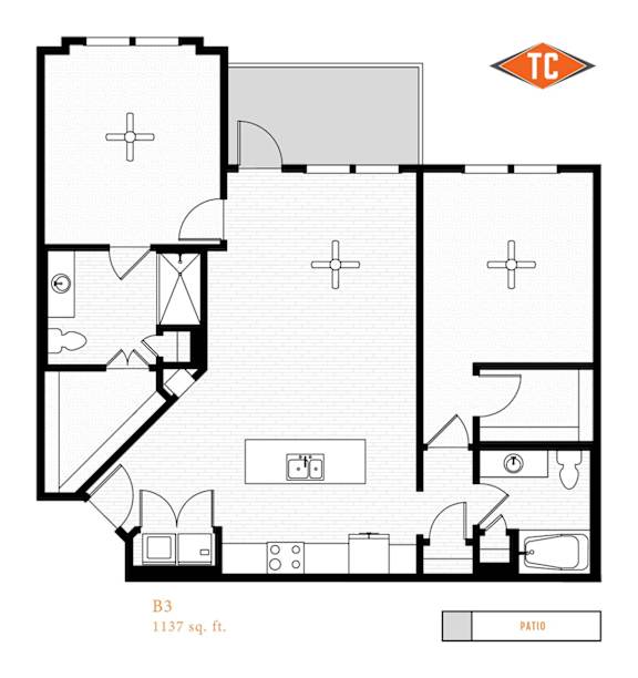 A floor plan of a building with a labeled patio.