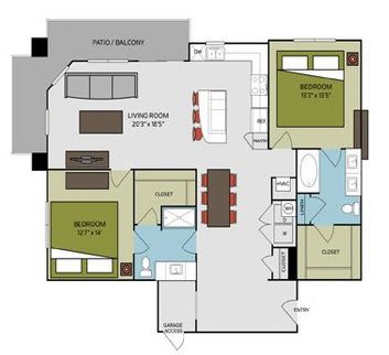 A floor plan of a house with two bedrooms, a living room, a kitchen, and a bathroom.