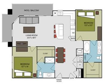 A floor plan of a house with a living room, two bedrooms, a patio, and a balcony.