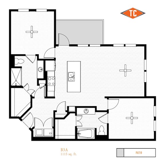 A black and white image of a house floor plan with a patio.