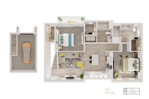 A floor plan of a 1229 square foot apartment with a kitchen, living room, and bathroom.