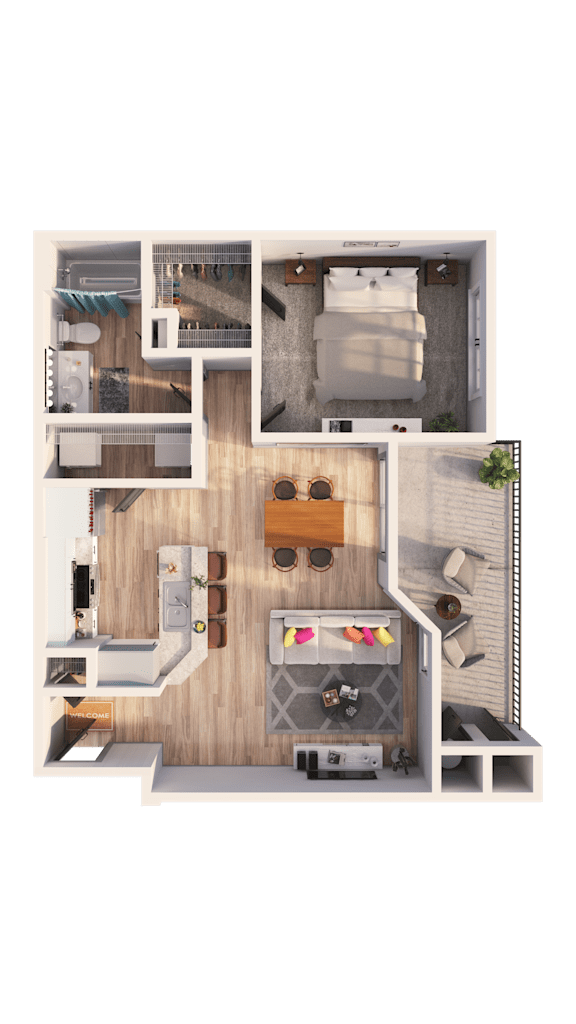 A 3D rendered image of a house layout.