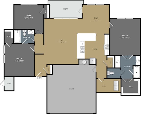 A floor plan of a house with labeled rooms such as "DREAM", "REFRESH", "RELAX", "DINE", "COOK", "ENTRY", "STORE", "UTILITY", and