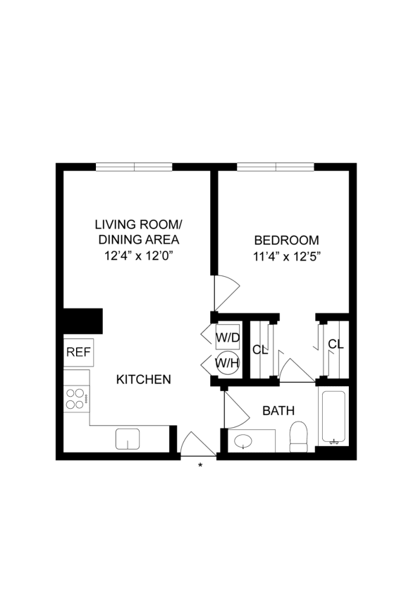 A floor plan of a small apartment with a living room, dining area, kitchen, bedroom, and bathroom.