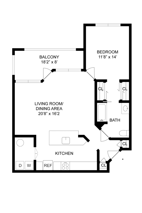 A floor plan of a house with a living room, dining area, kitchen, bathroom, and bedroom.
