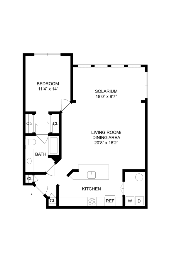A floor plan of a room with a bedroom, living room, kitchen, and bathroom.