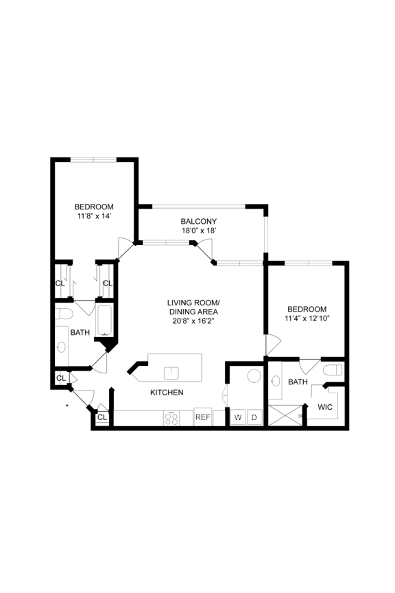 A floor plan of a house with a living room, dining room, kitchen, two bedrooms, a balcony, and a bathroom.