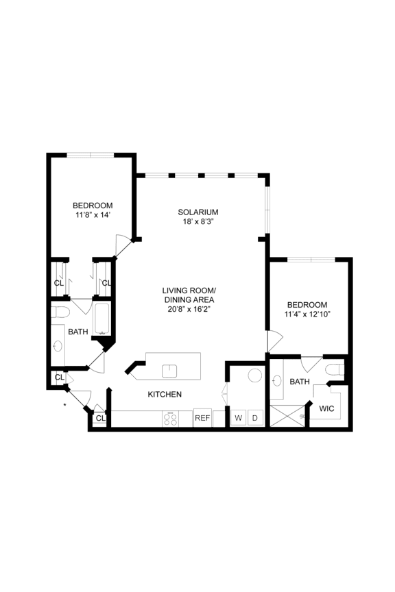 A floor plan of a house with a living room, dining area, kitchen, and two bedrooms.