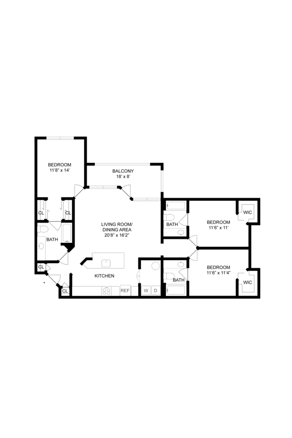 A floor plan of a house with a living room, dining area, kitchen, two bedrooms, and a bathroom.
