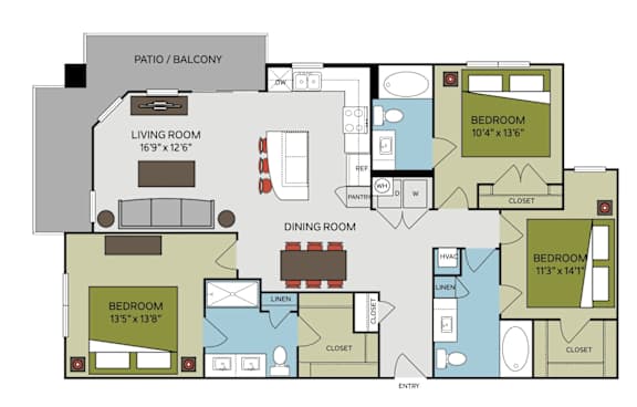 A floor plan of an apartment with a living room, dining room, and two bedrooms.