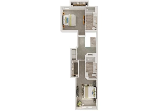 A floor plan of a house with a kitchen, living room, and two bedrooms.