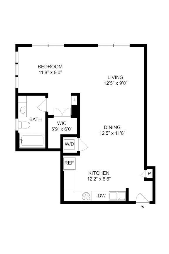A black and white image of a floor plan for a small apartment.