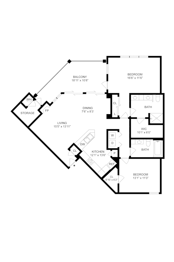 A floor plan of a house with a living room, dining room, kitchen, two bedrooms and a storage area.