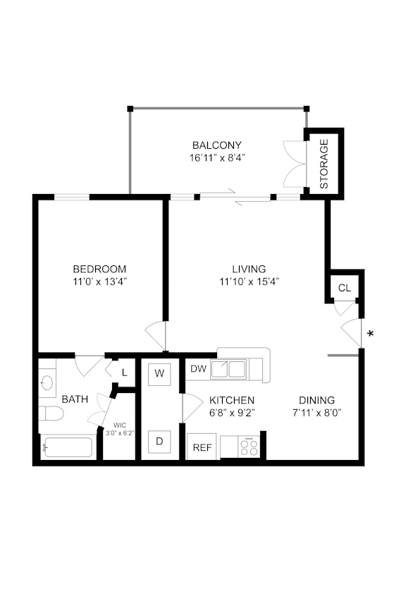 A floor plan of a home with a living room, dining room, kitchen, bathroom, and bedroom.