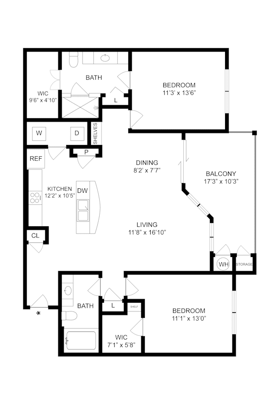 A floor plan of a house with a living room, dining room, kitchen, two bedrooms, and a bathroom.