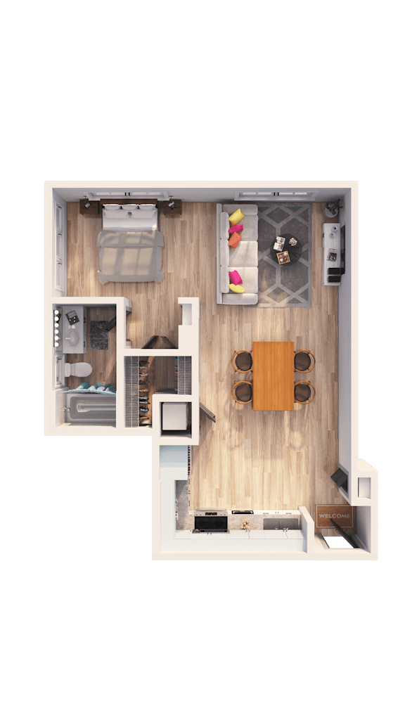 A top-down view of a small apartment with a kitchen, living room, and bathroom.