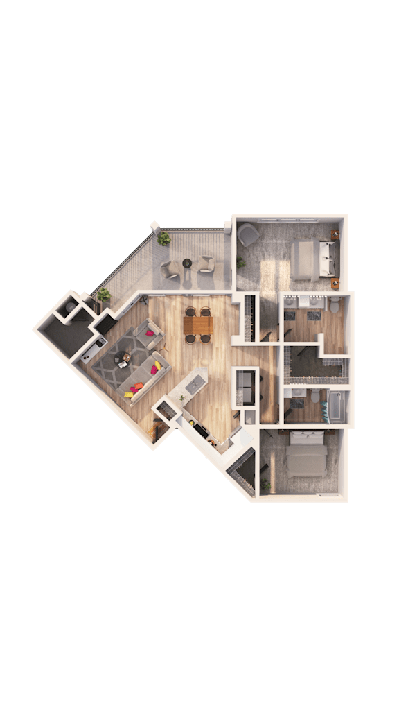 A top-down view of a house layout with a living room, kitchen, and two bedrooms.