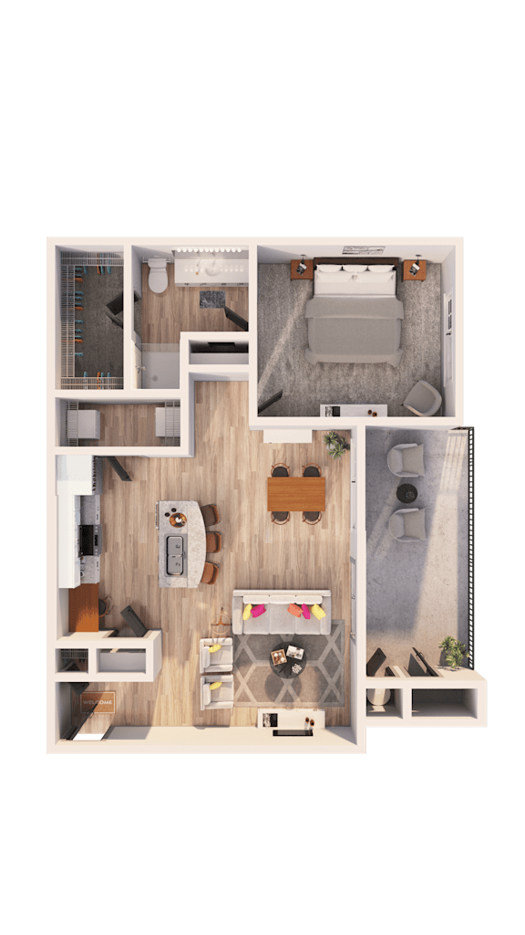 A detailed floor plan of a small apartment with a kitchen, living room, and bathroom.