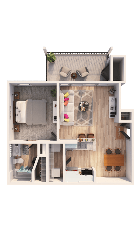 A top-down view of a small apartment with a kitchen, living room, and bedroom.