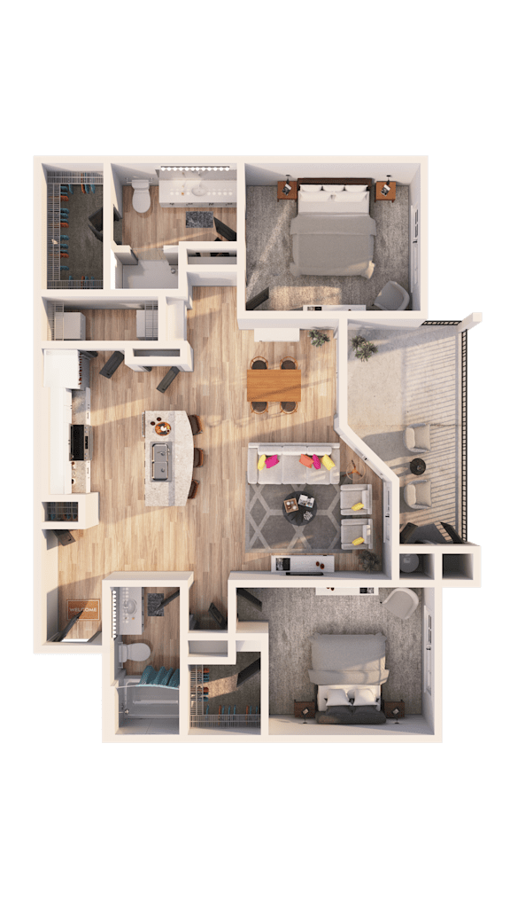 A detailed floor plan of a house with a kitchen, living room, and two bedrooms.