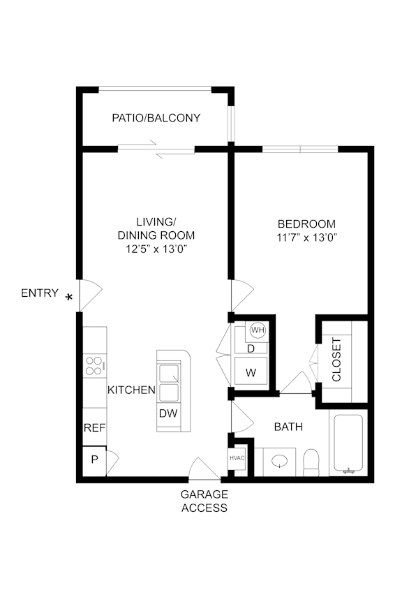A floor plan of a house with a living room, dining room, kitchen, bathroom, and bedroom.