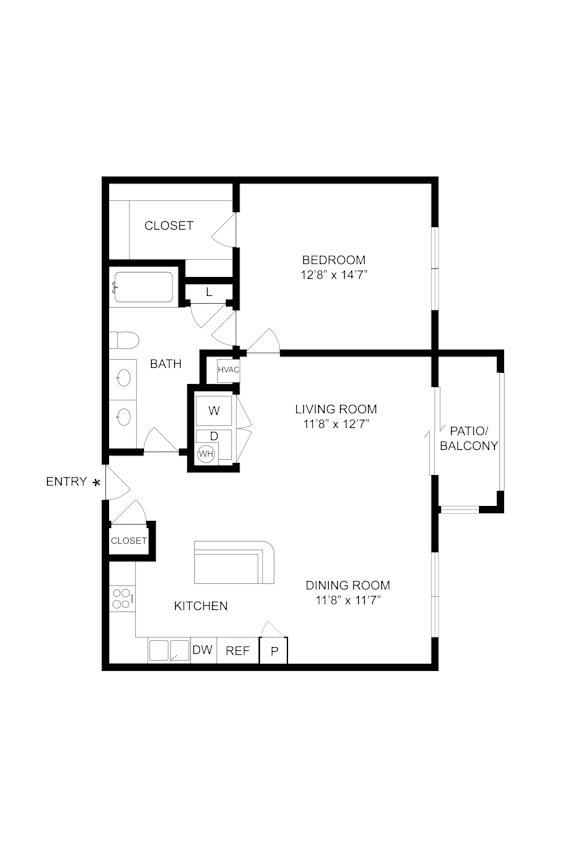 A floor plan of a house with a living room, dining room, kitchen, bathroom, and bedroom.