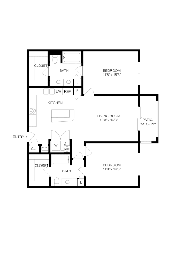 A floor plan of a two bedroom apartment with a living room and kitchen.