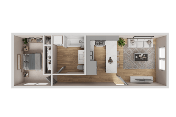 A 3D rendered image of a modern apartment layout.