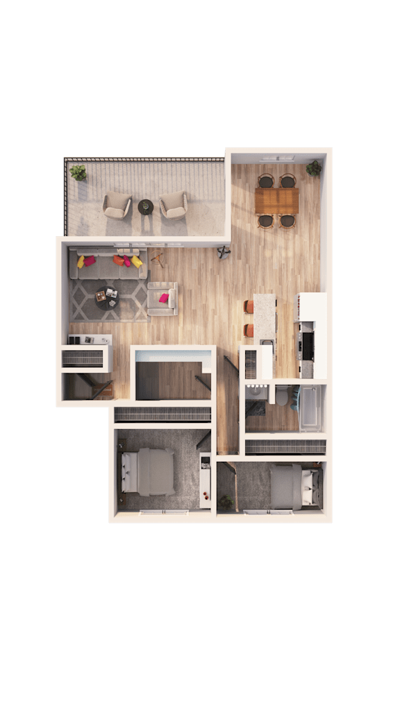 A top-down view of a house layout with a living room, kitchen, and bedrooms.