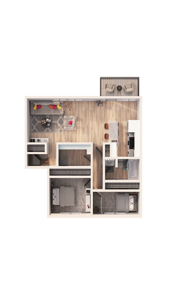 A floor plan of a house with a living room, kitchen, and two bedrooms.