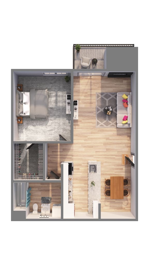 A top down view of a small apartment with a bedroom, living room, and kitchen.