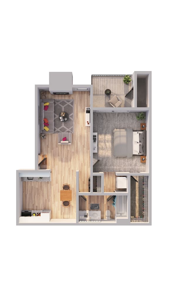 A top down view of a house with a kitchen, living room, and bathroom.