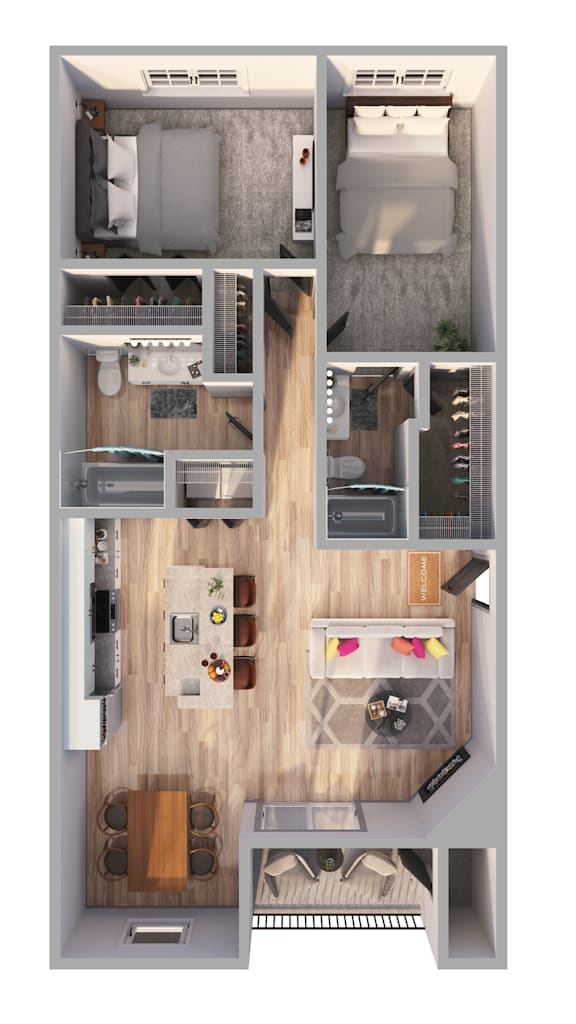 A top-down view of a small apartment layout with a kitchen, living room, and bedroom.