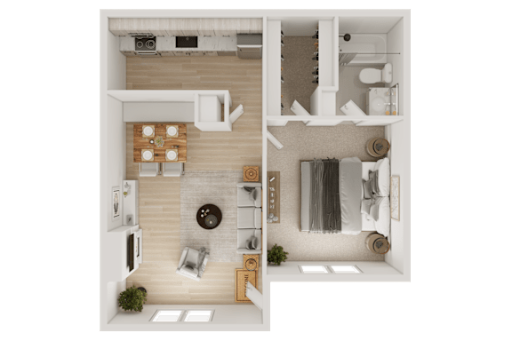 A top-down view of a modern apartment with a kitchen, living room, and bathroom.
