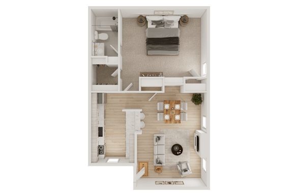 A top-down view of a modern apartment layout.