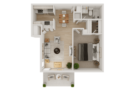 A floor plan of a house with a living room, kitchen, and bathroom.
