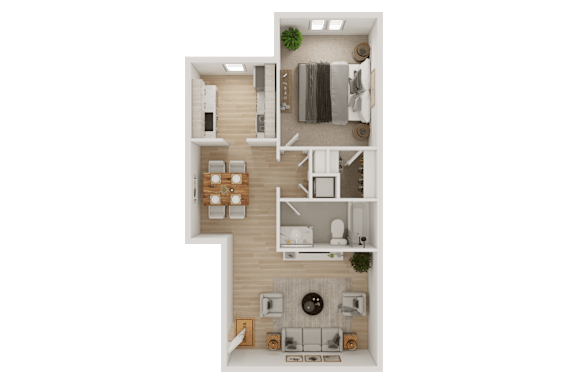 A top-down view of a house layout with a kitchen, living room, and bathroom.