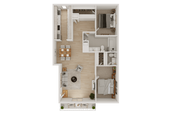 A top-down view of a modern apartment layout with a living room, kitchen, and bedrooms.