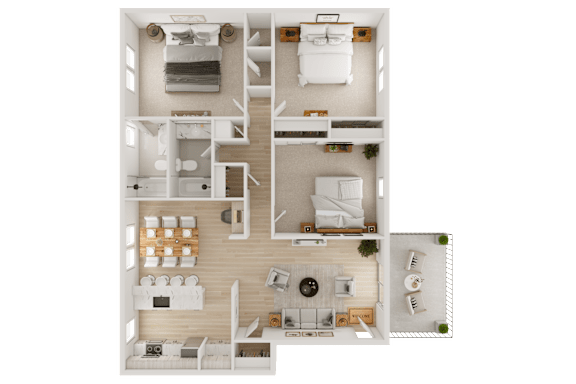 A top-down view of a well-organized apartment with a living room, kitchen, and bedrooms.